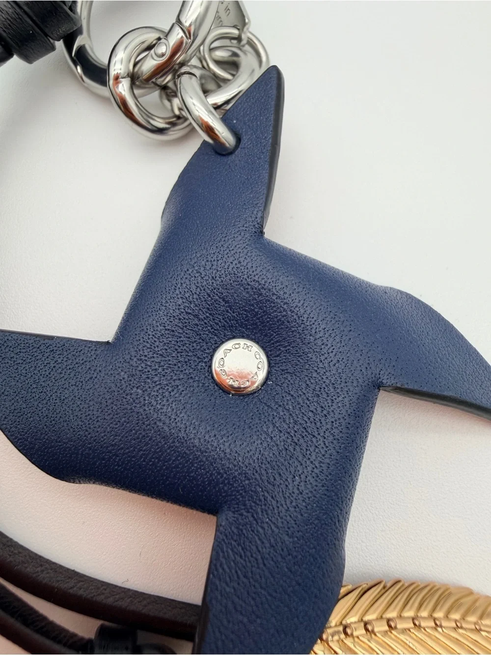 COACH Charm Hangtag Red & Navy Pinwheel Leather Keychain Charm